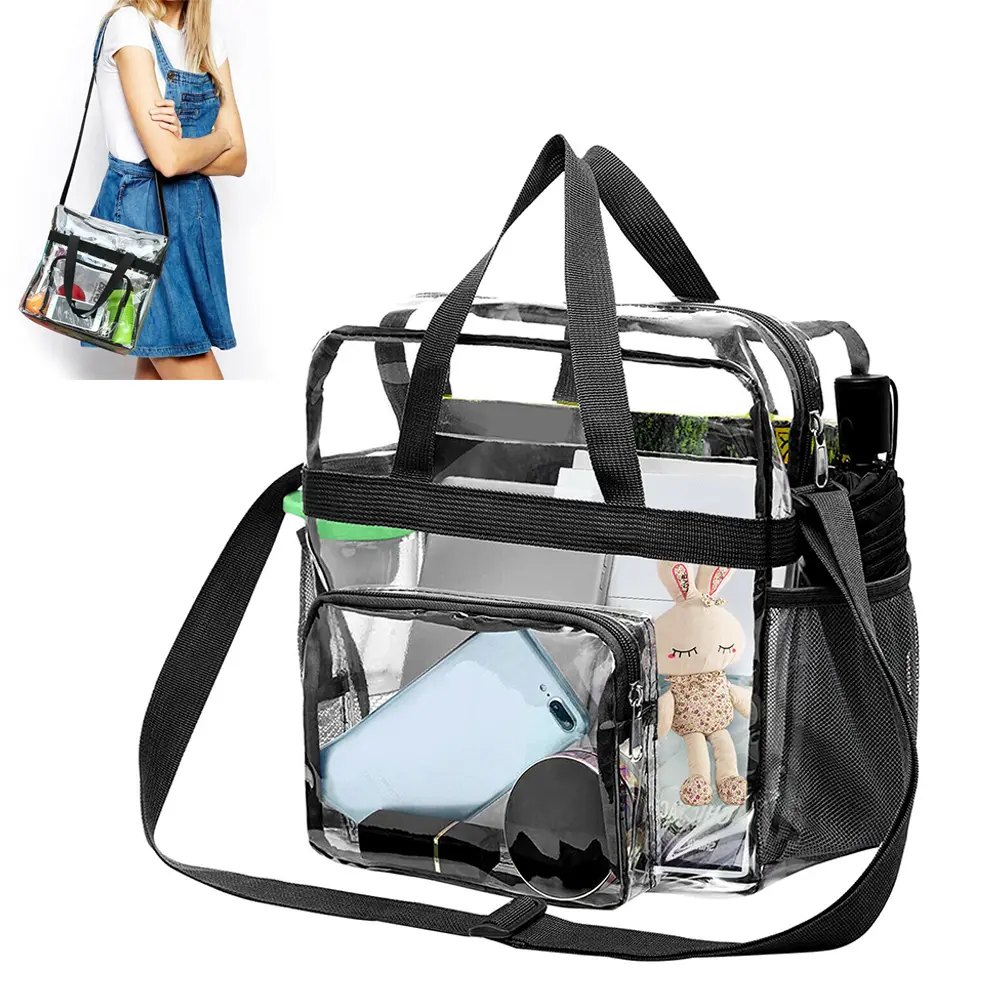 Women's Striped Pattern Clear PVC Tote Bag - Stadium Approved, Waterproof, Zipper Closure, Double Handles, 12"x5.5"x12" Shoulder Bag, Ideal for Outdoor Use, Stripe Pattern