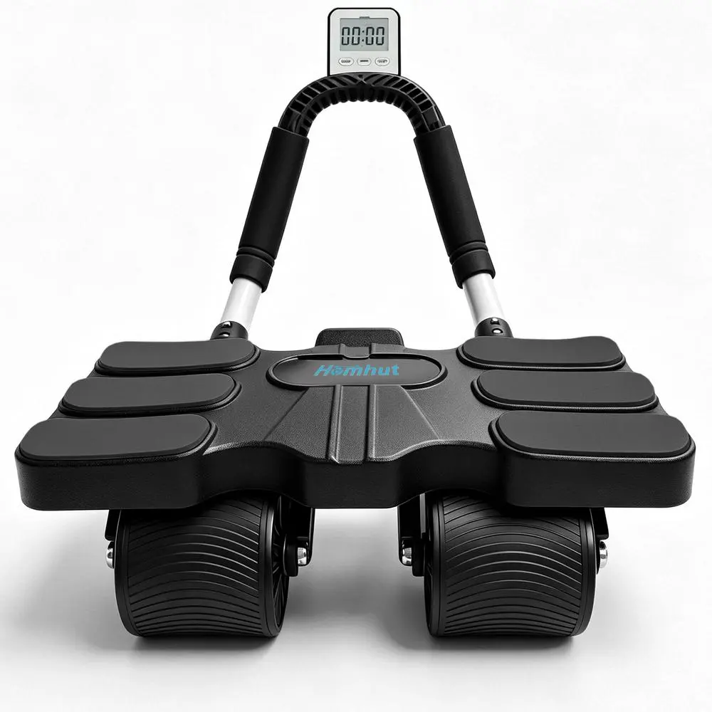 Double Four Wheel Core Abdominal Trainer Padded Elbow Cushion Digital Display Cell Holder, Fold Quiet Core Tool, Pocket Compact Fitness Supply For Workout Users, Tiny Core Training Gear