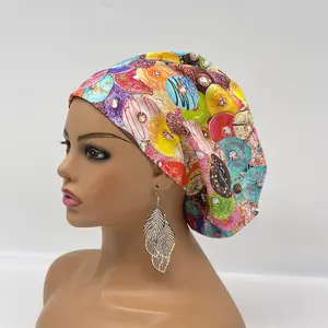 Surgical SCRUB HAT CAP, pink Europe style doughnuts cotton print fabric Euro hat multicolored satin lining option.