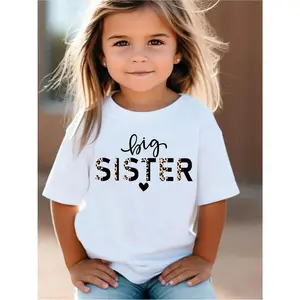 Big Sister "Leopard Letter Pattern Girls' White T-shirt, round Neck Short Sleeve, Casual Summer Clothing, Suitable for 2-8 Years Old, Teen Fashion