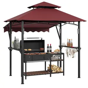9' x 5' Grill Gazebo Canopy with Extra 7' x 3' Awning, Heavy Duty Steel Frame, Double-Tiered Outdoor Grill Canopy with Shelves, 10 Hooks & LED Lights for Patio BBQ Backyard,Claret