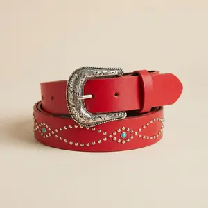 Red Western Studded Belt Turquoise Stone Cowgirl Y2K Belt 26-33.5 Waist