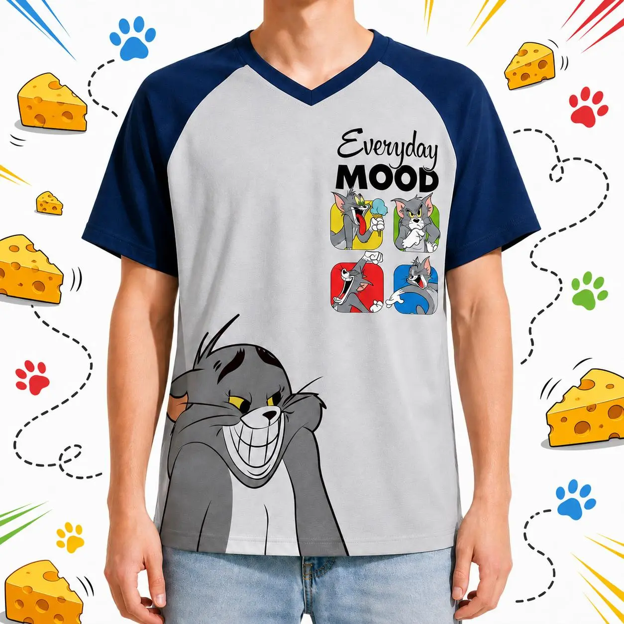 Tom and Jerry Graphic Raglan T-Shirt, Everyday Mood Front and Back Print, Gray Navy Color Block Baseball Tee, Retro Cartoon Streetwear, Animation, Comic