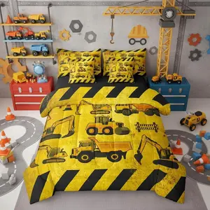 Kids Construction Full Size Comforter Set, Boys Cartoon Car Bed in A Bag, Cartoon Machinery Truck Sheets and Pillowcases, Yellow Tractor Excavator Bedding Set Room