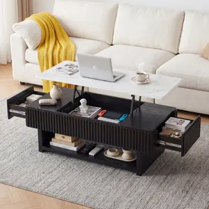 ARCH 46.5" Rectangle Lift Top Coffee Table with Drawer & Hidden Storage, Modern Fluted Table with White Marble-Pattern Top & Solid Wood Strips, Multi-Functional Center Table for Small Space,Living Room