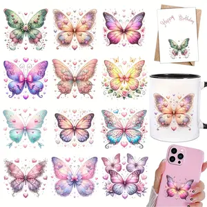 12 Pieces Butterfly Art DIY UV DTF Heat Transfer Stickers for Glass Jars and Coffee Cups, Decorative Labels for Vases, Laptops, Gifts and Crafts