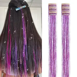 Hair Tinsel Pack of 6Pcs Clip in Hair Tinsel 20Inch Glitter Purple Tinsel Hair Extensions, Festival Tinsel Fairy Hair Extension Party Dazzle Hair Accessories Strands Kit (6Pcs,Purple#)