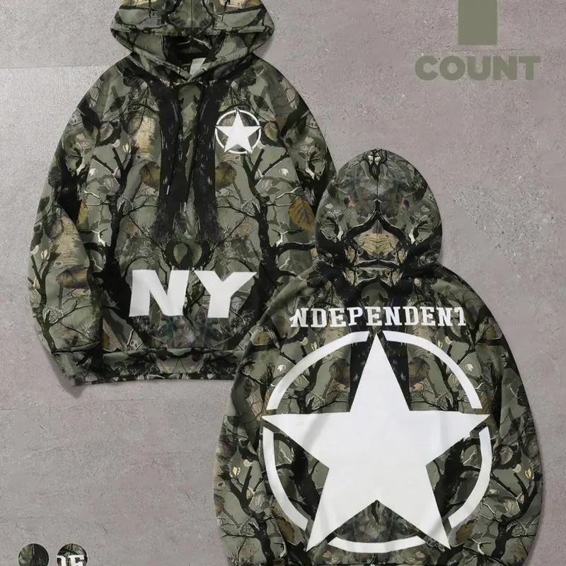 Men's Camo Print Hoodie, Regular Fit Casual Letter Print Long Sleeve Hooded Sweatshirt for Fall & Winter, Men's Top for Daily Wear