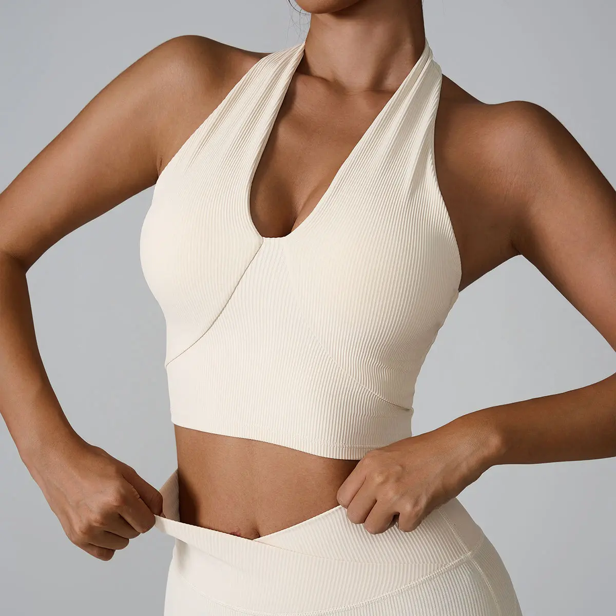 Lady's neck-hanging bra Female shock-absorbing sports compression ribbed bra, neck-hanging yoga top Women Running Tennis Vest