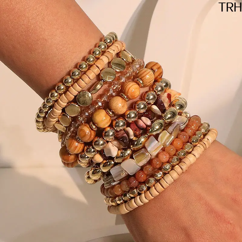 12 Pack Boho Stackable Beaded Bracelet Set For Women, Natural Wood Stone Shell Multi Strand Layered Bracelets, Earth Tone Bohemian Stretch Strand Jewelry, Beach Vacation Casual Layer Wrist Accessory Gift