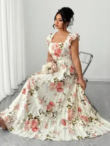 Plus Size Floral Square Neck Pleated Print Dress, Casual Boho Summer Fashion, Comfortable and Stylish, Perfect for Daily Wear, Womenswear