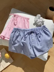 Women's Striped Shorts Set, Drawstring Elastic Waist, Adjustable, Loose-Fitting Summer Casual Wear, All over Print Mini Shorts, 2 Pieces, Elastic Waistband Shorts