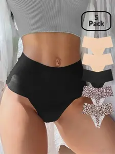 High Waist Seamless Leopard Print Sexy Women's Thongs, Comfortable Breathable Skin-Friendly All Seasons Ladies Underwear, Womenswear, 5 Pack