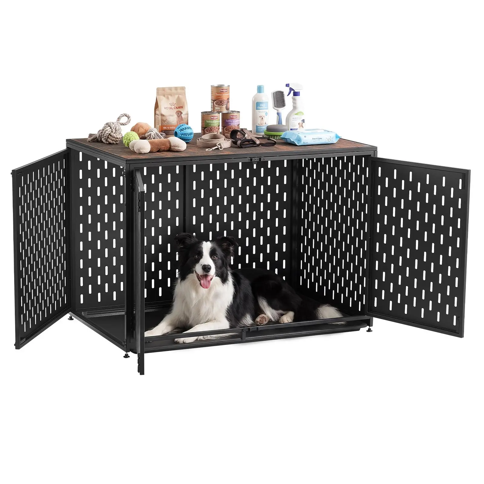 VEVOR 42-Inch Heavy Duty Steel Frame Dog Crate Furniture Enclosure, 42.1" x 27.4" x 29.5" Storage+End Table for Small Dogs, Chew-Resistant Kennel with 3 Doors, Detachable Tray, Escape-Proof Locks, Quick Assembly, Black#SohoChic (Secure Space for Pets)
