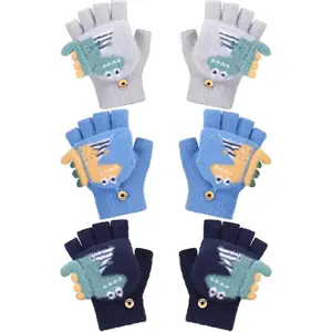 L-BN009   3 Pair Convertible Mittens Kids Knitted Warm Fingerless Gloves Toddler Cartoon Gloves with Mitten Cover for Boy Girl (Blue, Navy, Gray, Dinosaur)