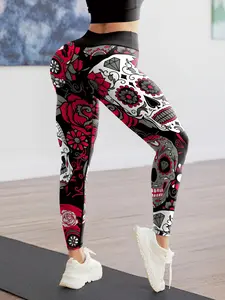 Women's Skull & Floral Print Leggings, Casual Comfy Breathable High Stretch Yoga Leggings, Ladies Bottoms for All Seasons, Athleisure Fitness Leggings, Fitness Tights, Soft Leggings