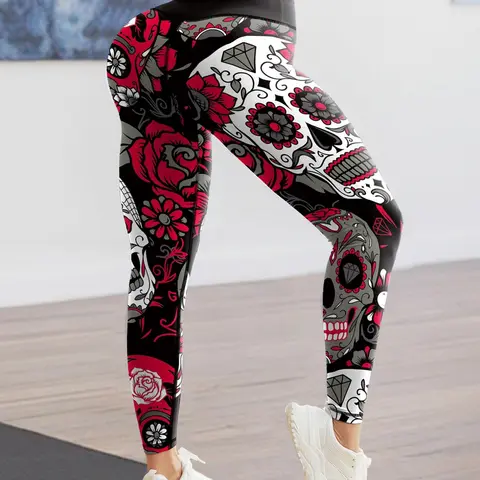 Women's Skull & Floral Print Leggings, Casual Comfy Breathable High Stretch Yoga Leggings, Ladies Bottoms for All Seasons, Athleisure Fitness Leggings, Fitness Tights, Soft Leggings, Stretchy Workout Leggings, Activewear Bottoms, Athleisure Style Bottoms