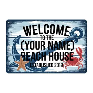 Beach House Welcome Anchor Crab Starfish Nautical Theme Tin Sign, Vintage Coastal Ocean Seaside Metal Sign Print Aesthetic Room Decoration Bedroom Bathroom Wall Decor 8 X 12in