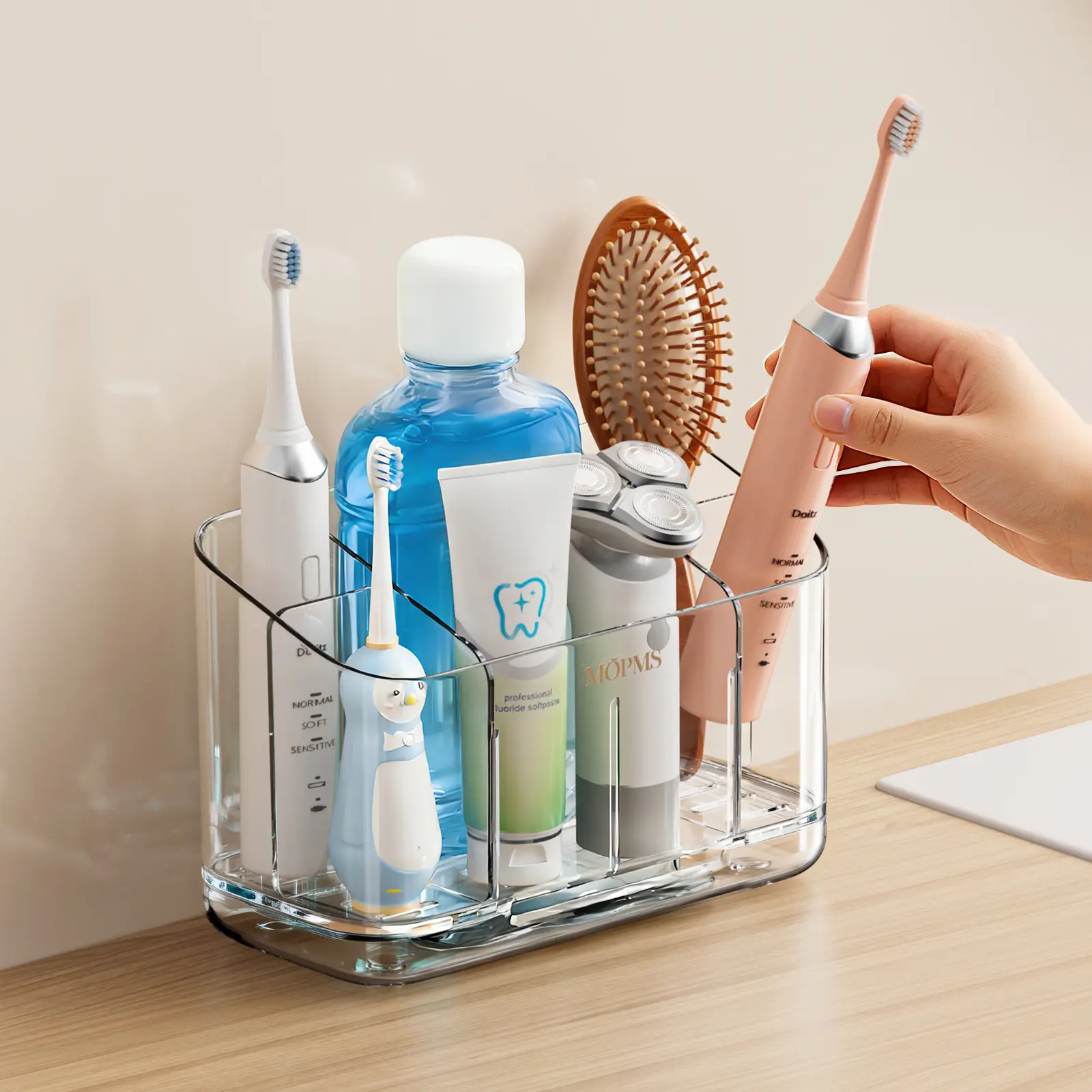 MOPMS Crystal Clear Toothbrush Holder Organizer for Bathroom Countertop, Multi-Section Storage Caddy with Adjustable Dividers, Removable Drain Tray, Toothpaste Razor Makeup Brush Organizer, Wall Mounted or Countertop