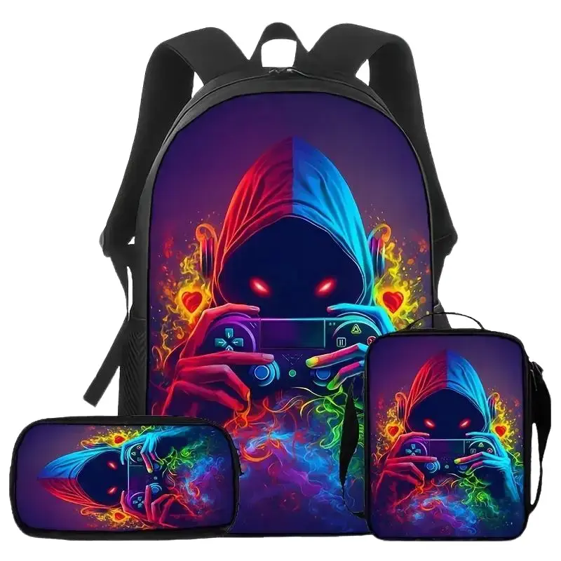 Hooded Gamer 3-Piece Backpack Set, Neon Gaming Controller School Bookbag with Matching Lunch Bag and Pencil Case, Cyber Gamer Backpack for Boys Girls Teens, School Travel Esports Daypack Gift, Sports bag