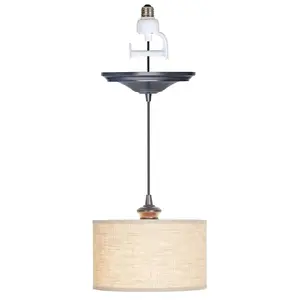 Brushed Bronze Linen Drum Shade Instant Pendant Recessed Can Conversion Kit