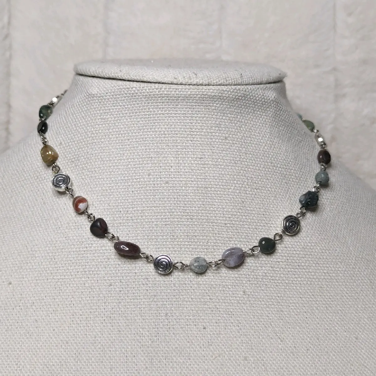 Moss Agate Beaded Choker Necklace with Spiral Charms | Handmade Bohemian Jewelry | Adjustable Crystal Necklace | Spiritual & Earthy Design