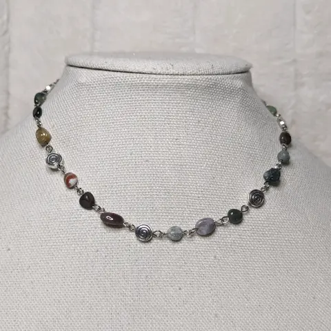 Moss Agate Beaded Choker Necklace with Spiral Charms | Handmade Bohemian Jewelry | Adjustable Crystal Necklace | Spiritual & Earthy Design