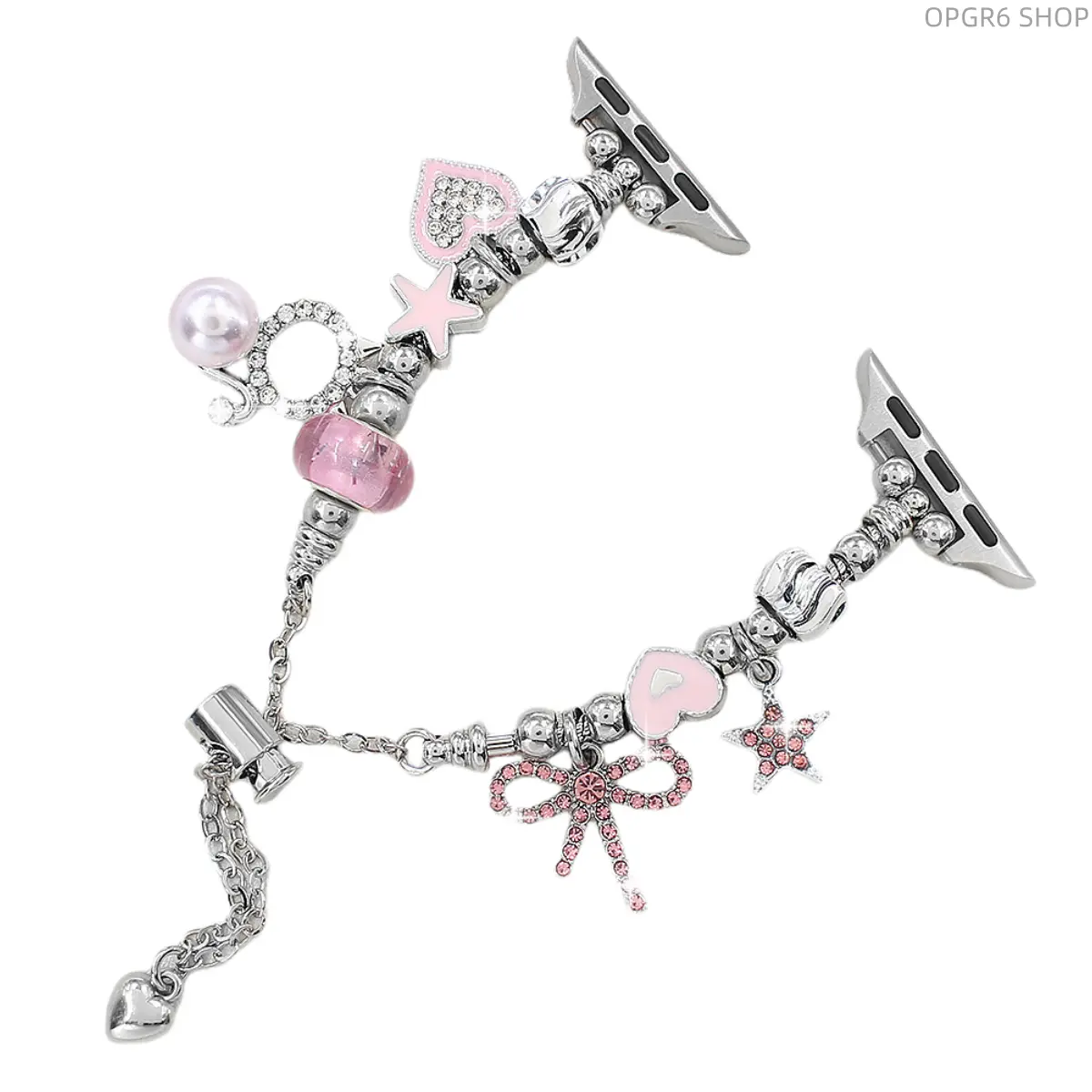 New Metal Beaded Watch Band With Bow & Heart Charms Compatible with Apple Watch, Stylish Bracelet Strap for iWatch Series 1-9 All Sizes