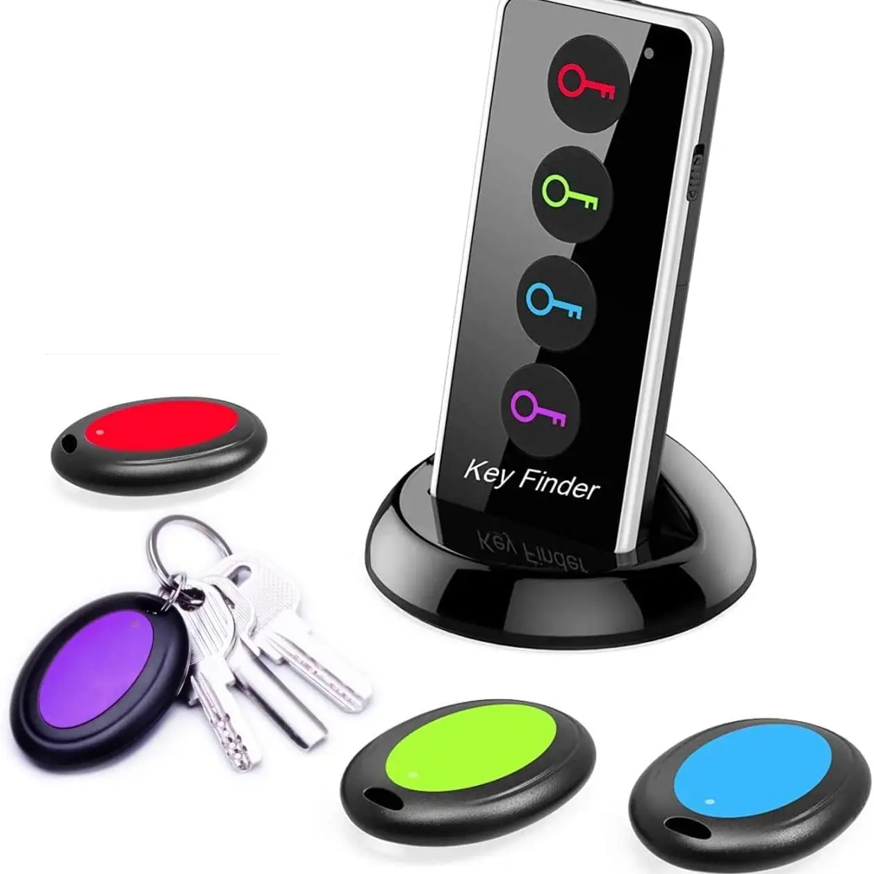 Wireless Key Finder with LED Light (131ft Range) - Easy to Use for Seniors - Tracker for Keys, Phones, Wallets, and TV Remotes - 1 RF Transmitter & 4 Receivers, No App Required, Wireless Tag, Keychain Tracker Anti Lost Wireless