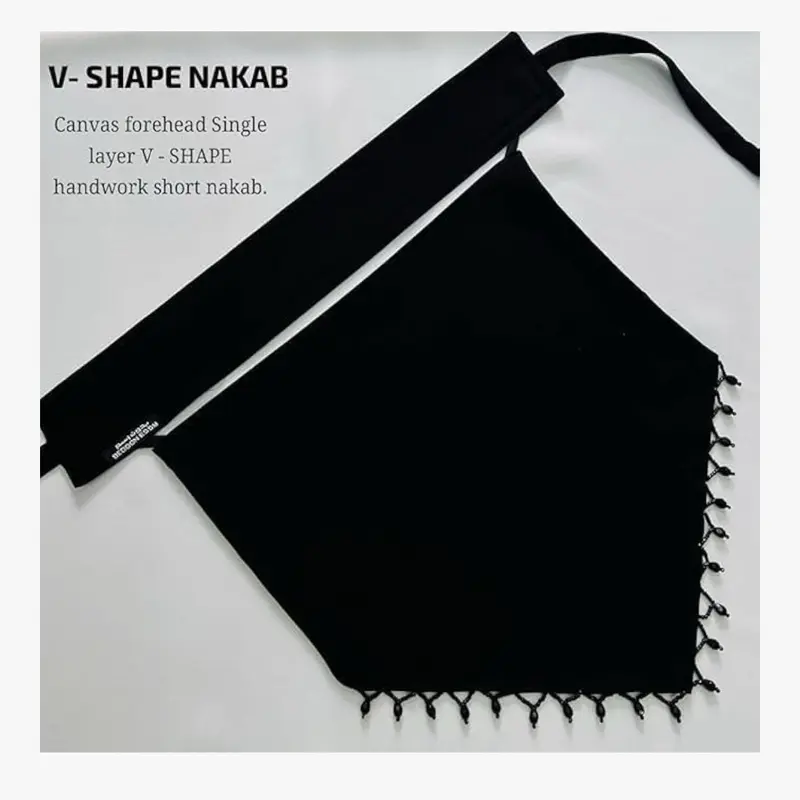 Niqab/Nose Piece - 12x9 in Black V-Shape, Handcrafted Jardosi Artistry, Satin Gorget Fabric Canvas Hijab & Niqab Accessory