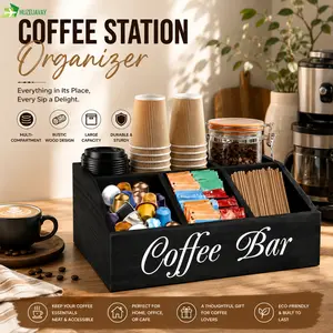 Coffee Station Organizer for Counter, Wood Coffee Pods Holder Storage Basket, Tea Condiment Storage Organizer, Rustic Coffee Bar Decor for Coffee Accessories Organizer