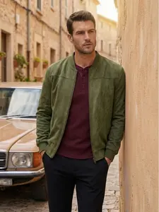 Men's Faux Suede Bomber Jacket Casual Stand Collar Full Zip Lightweight Windbreaker Fall Spring Outerwear