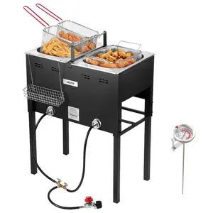 VEVOR Outdoor Propane Deep Fryer,  , Dual-Tank 16QTx2 Large Capacity Commercial Fryer, Stainless Steel Fish Cooker with 3 Basket, Thermometer, Floor Standing Fryers for Catering Event Camping, 50,000 BTU