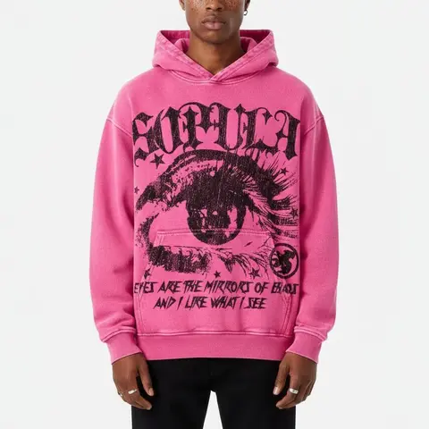 Sopula Studio Men's 100% Cotton Star-Eyes Graphic Acid Wash Hoodie - Long Sleeve Front Print Graphic Hoodies, Pink Casual Pullover Mens Fashion Top