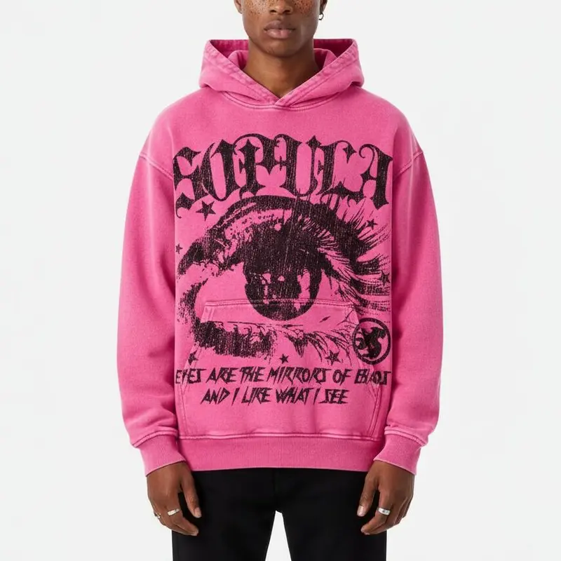 Sopula Studio Men's 100% Cotton Star-Eyes Graphic Acid Wash Hoodie - Long Sleeve Front Print Graphic Hoodies, Pink Casual Pullover Mens Fashion Top