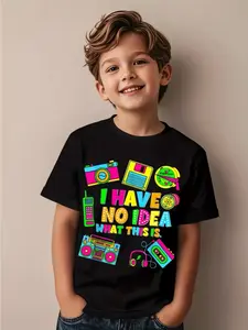 180s and 90s Vintage Print T-Shirt - Nostalgic 80s and 90s Boy's Cassette, 's Cube, and Neon Color Theme Short-sleeve Round-neck Casual Top, Suitable for 80s and 90s Themed Parties and Daily Wear - Machine Washable Regular Fit Stretch Fabric, Fun 80s