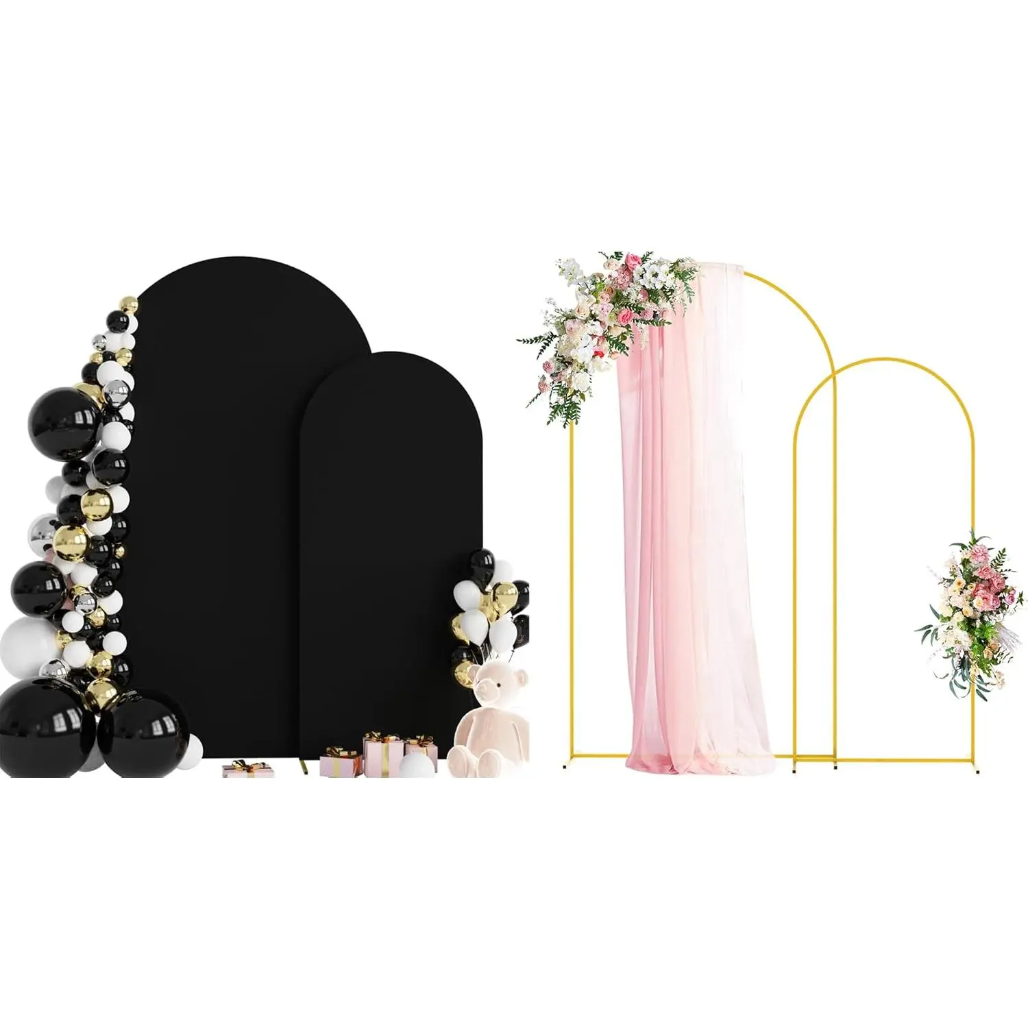 Wedding Arch Backdrop Stand and Cover Set of 2 Metal Arch Stand with Arch Cover Black 7.2FT, 6FT for Birthday Party Wedding Ceremony Bridal  Shower Event Decor