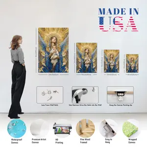 Virgin Mary & Jesus Angelic Artwork - Golden & Blue Wooden Canvas Print, Hyper-Realistic Religious Wall Decor with Wrap-Around Frame, Spiritual Home Decor Gift, Religious Wall Art