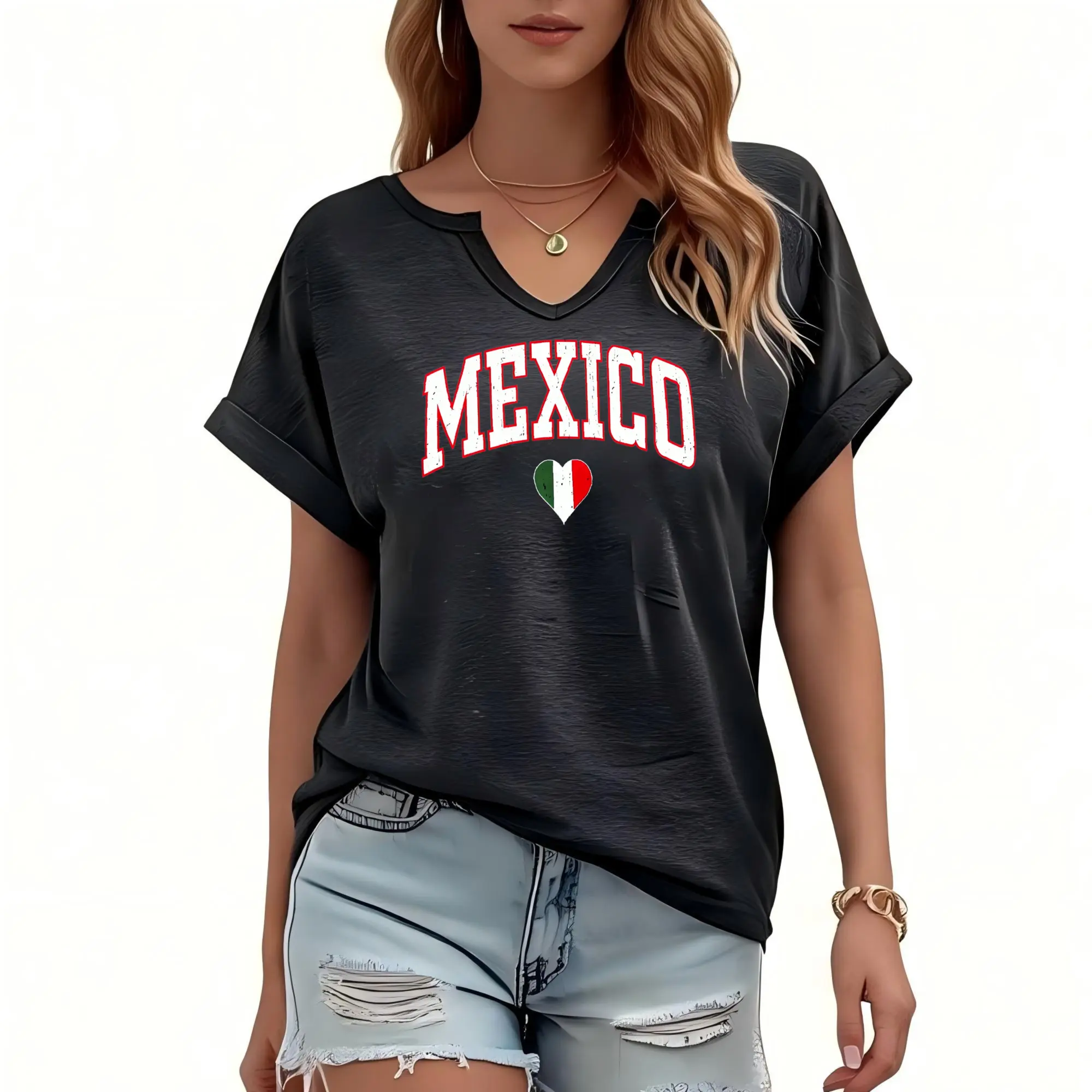 Women's T-shirt V Neck Graphic Tee Mexico Heart Flag Print Design Batwing Sleeve & Rolled Cuff Loose Fit Notch Neck Summer Top