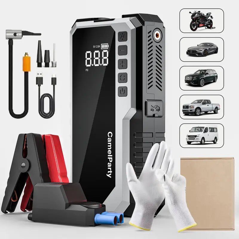 CamelParty 15000mAh portable power bank with LED lights, 4000A car battery starter, winter savior portable and safe to use, easy for women to get started and equipped with 150PSI tire inflation pump Car Power Supply jumper