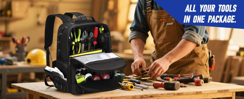 Tool Backpack Heavy Duty for Men - 3 Tool Pouches Work Tool Bag for Electrician Industrial Construction HVAC Techs Repairman, Large Space & Durable