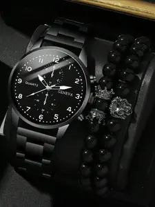 Men's Business Casual Trendy Wristwatch & Beaded Bracelet Set, Fashion Watch Set for Party, Daily Clothing Decor, Trendy All-match & Exquisite Watch Set for Birthday Gift