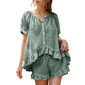 Yeokou Women's Gingham Pajama Set 2 Piece Y2K Puff Sleeve Button Down Ruffle Hem Sleepwear Lounge Shorts with Pockets