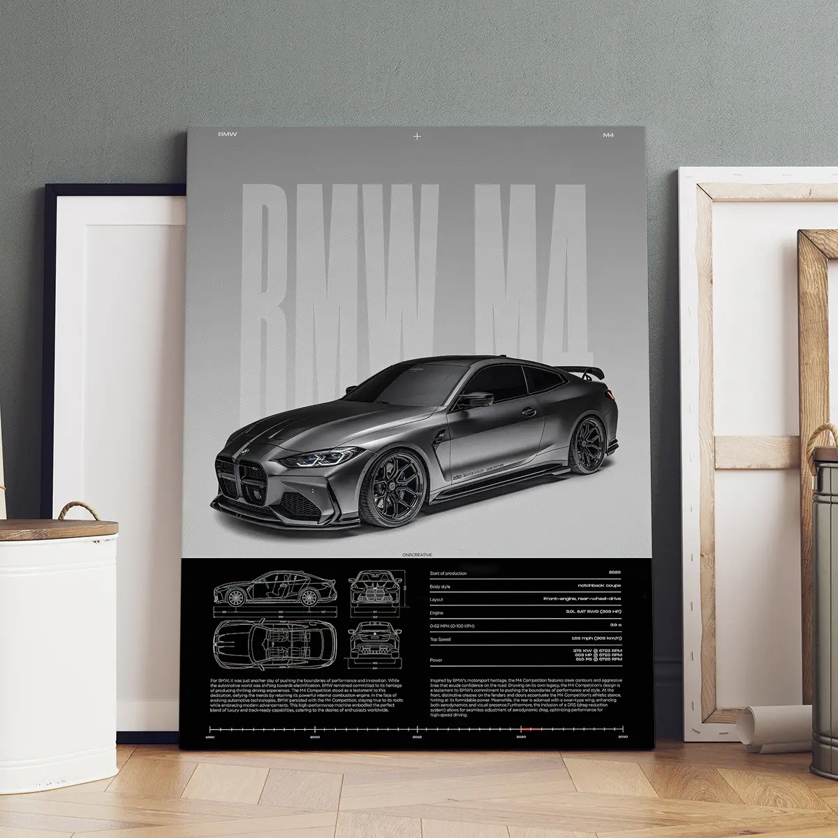 1 Count Wooden Framed Canvas, BMW M4 Performance Poster, Modern Art, Modern Art Design, Home Decor, Ideal Gift, High Definition, Waterproof, Wall Art Painting, Decorative Artwork, Aesthetic Wall Decor