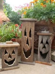 Wood lantern, made with rustic worn wood, Jack-O-Lantern for Halloween/ Fall Art decor for the patio or front porch by artist Bill Miller