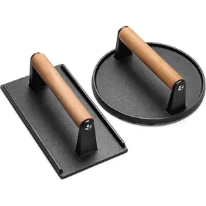 Burger Press, Rectangle Heavy-Duty Cast Iron Smash Bacon Press Meat Steak with Wood Handle for Griddle, Sandwich, Nonstick Pan