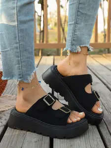 Summer New Thick Sole Platform Slippers for Women, Outdoor Wear, Anti-Slip Belt Buckle Sandals, Dressy Summer Sandals, Fashion PU Material