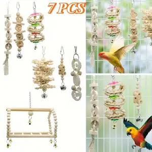 7PCS Bird Cage Decoration Bird Ladder Chew Toys Swing Toys Parrot Swings Bird Platform Hanging Bells Bird Cage Toys,Abundant Quantity Suitable for Small Long-tailed Birds Little Parrots Most Birds