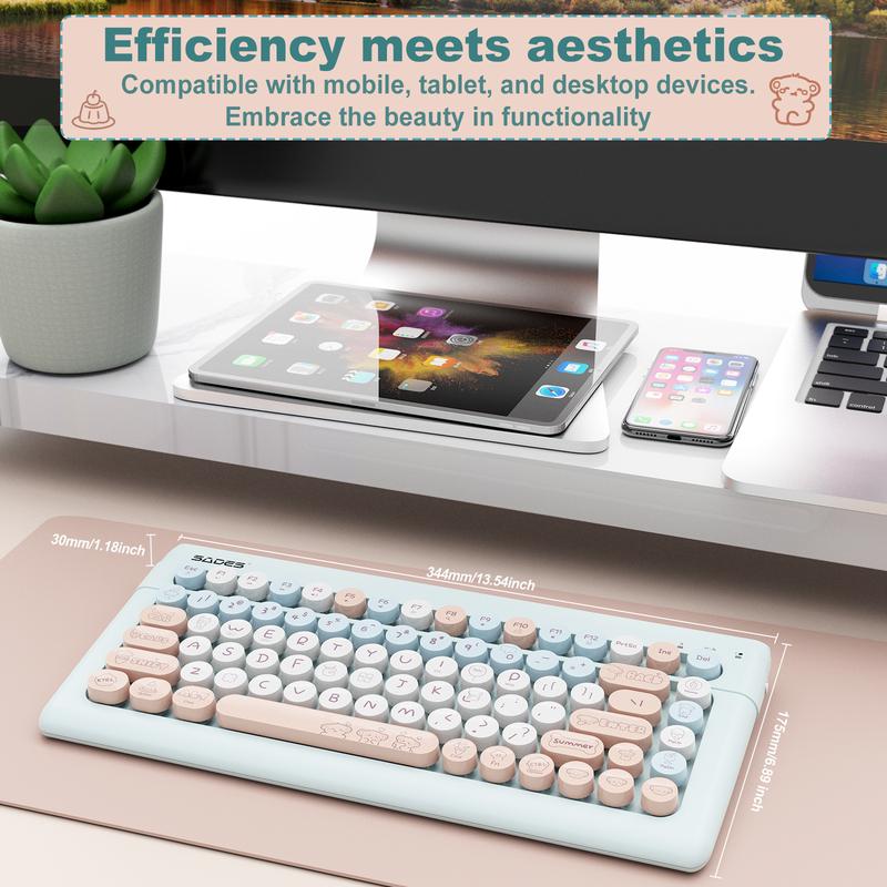 Wireless Bluetooth Keyboard for Mac, iPad, iPhone, PC, and Android—Connect Up to 3 Devices, Portable 84-Key Retro Typewriter Style, Light Blue