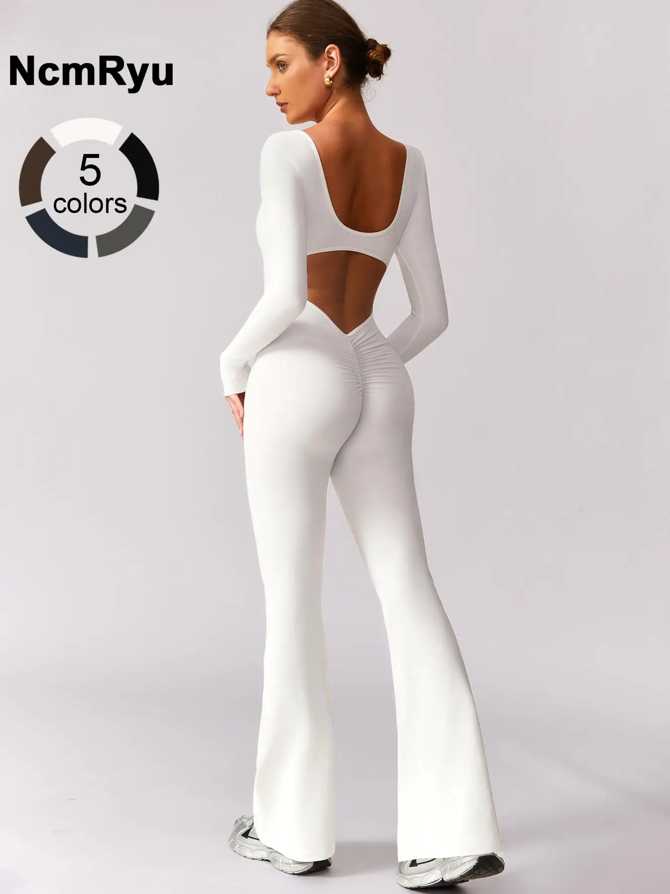 Women's High Elasticity Long Sleeved Jumpsuit with Wide Legs, Hollow Back Waist Lifting and Tight Fitting Yoga Clothes for All Seasons Golf Tennis Out